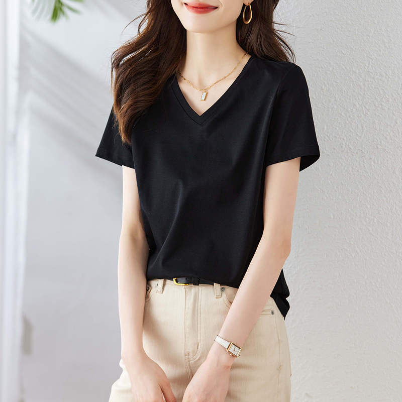 短袖t恤女2025新款夏季v领黑色棉正肩体恤衫短款宽松上衣洋气小衫