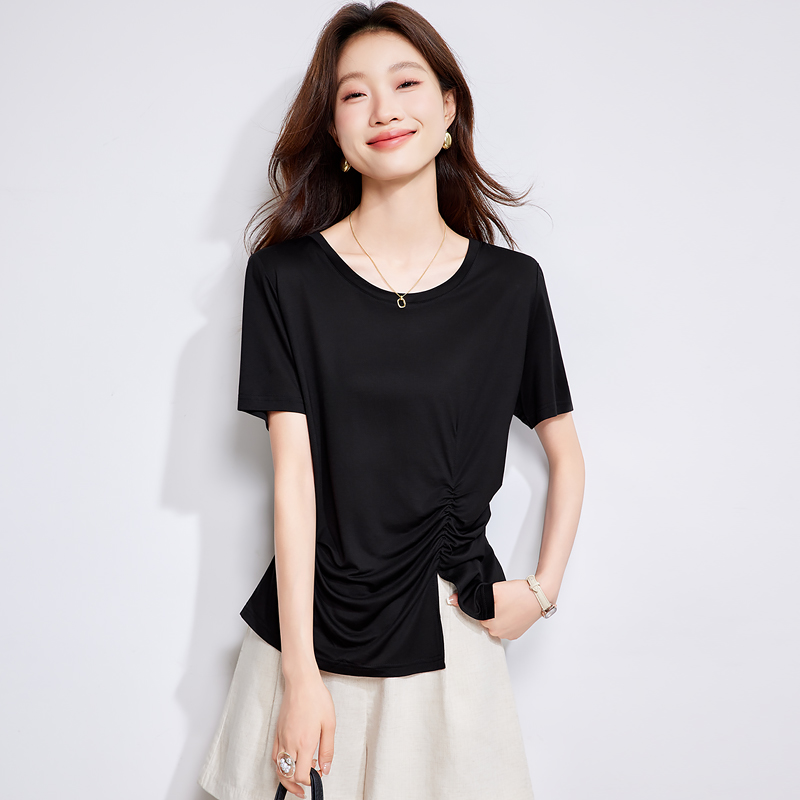 黑色正肩短袖t恤女2025夏季新款高级感宽松莱赛尔褶皱设计感上衣