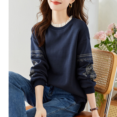 圆领刺绣藏青色卫衣外套女2025春季新款爆款时尚洋气宽松休闲上衣