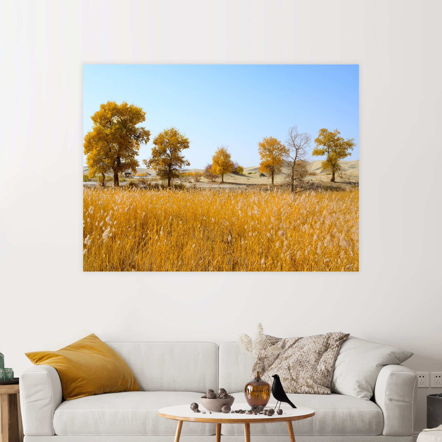 原创新疆秋景装饰画芯 胡杨林 芦苇 自粘墙贴画 Original Poster