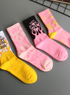 袜子中长筒男欧美滑板学生中性潮牌街头个性字母火焰高筒运动袜女