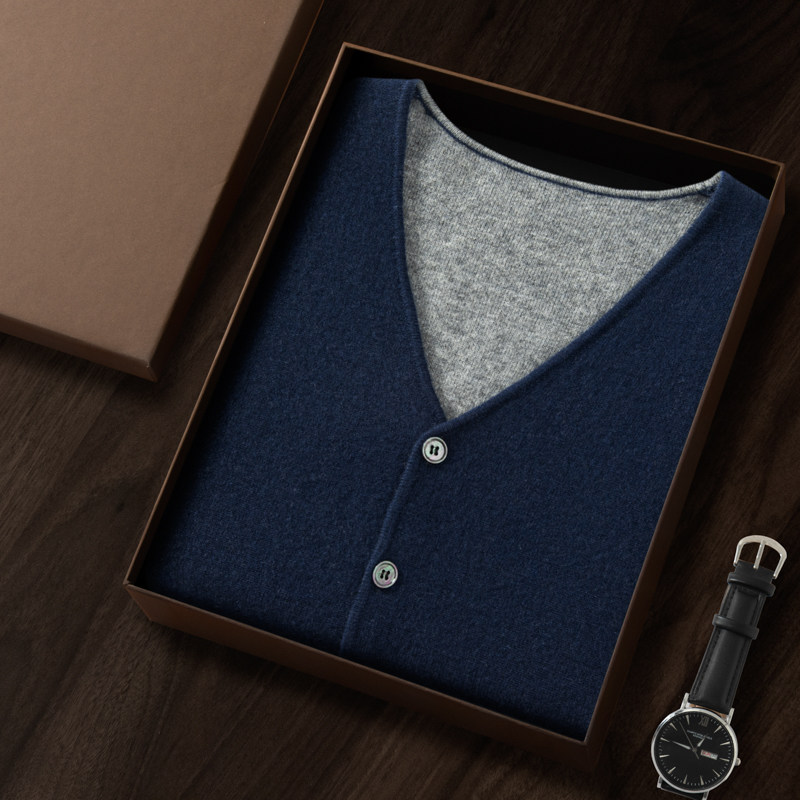 新款山羊绒男士V领坎肩特级休闲针织背心精纺秋冬款纯色开衫马甲