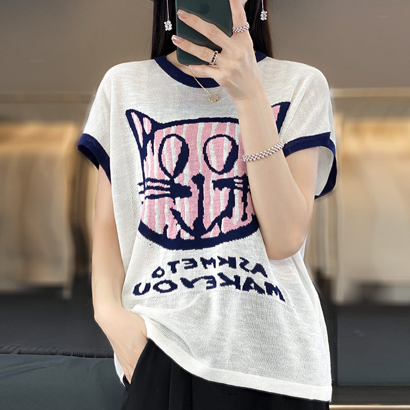 夏季女新款针织衫棉竹节麻短袖上衣女T恤女圆领背心猫脸套头小衫