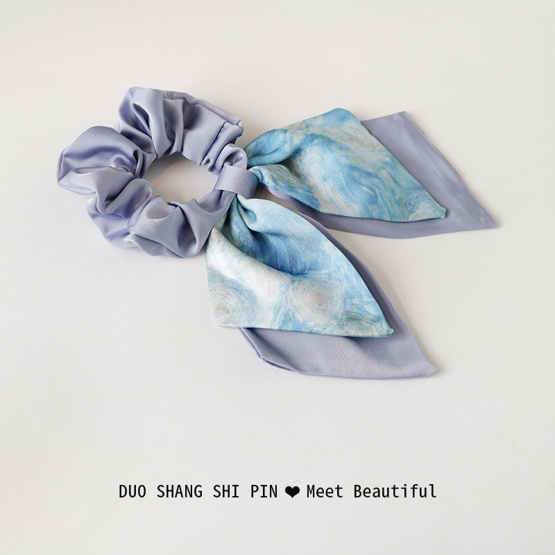 莫奈油画星空蓝飘带发绳大肠发圈