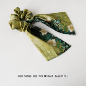 绑马尾发圈头绳法式 野玫瑰 绿色油画感发带女2025年新款 飘带发绳