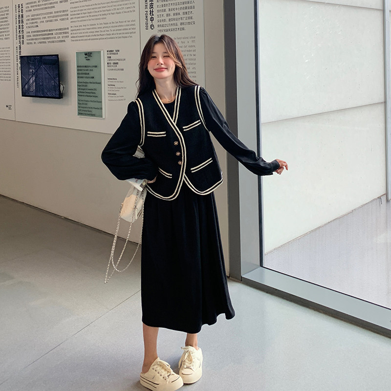 法式时尚拼色小香风马甲套装女2025春秋季新款显瘦气质长裙两件套图片