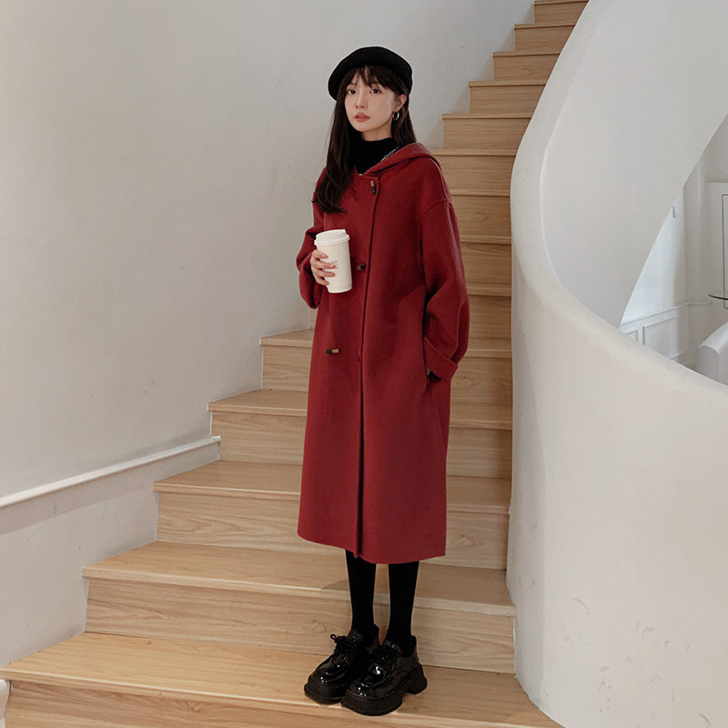 好款现货！双11主推款！中长款牛角扣连帽呢大衣P195K278，女装毛呢外套，浙宝257