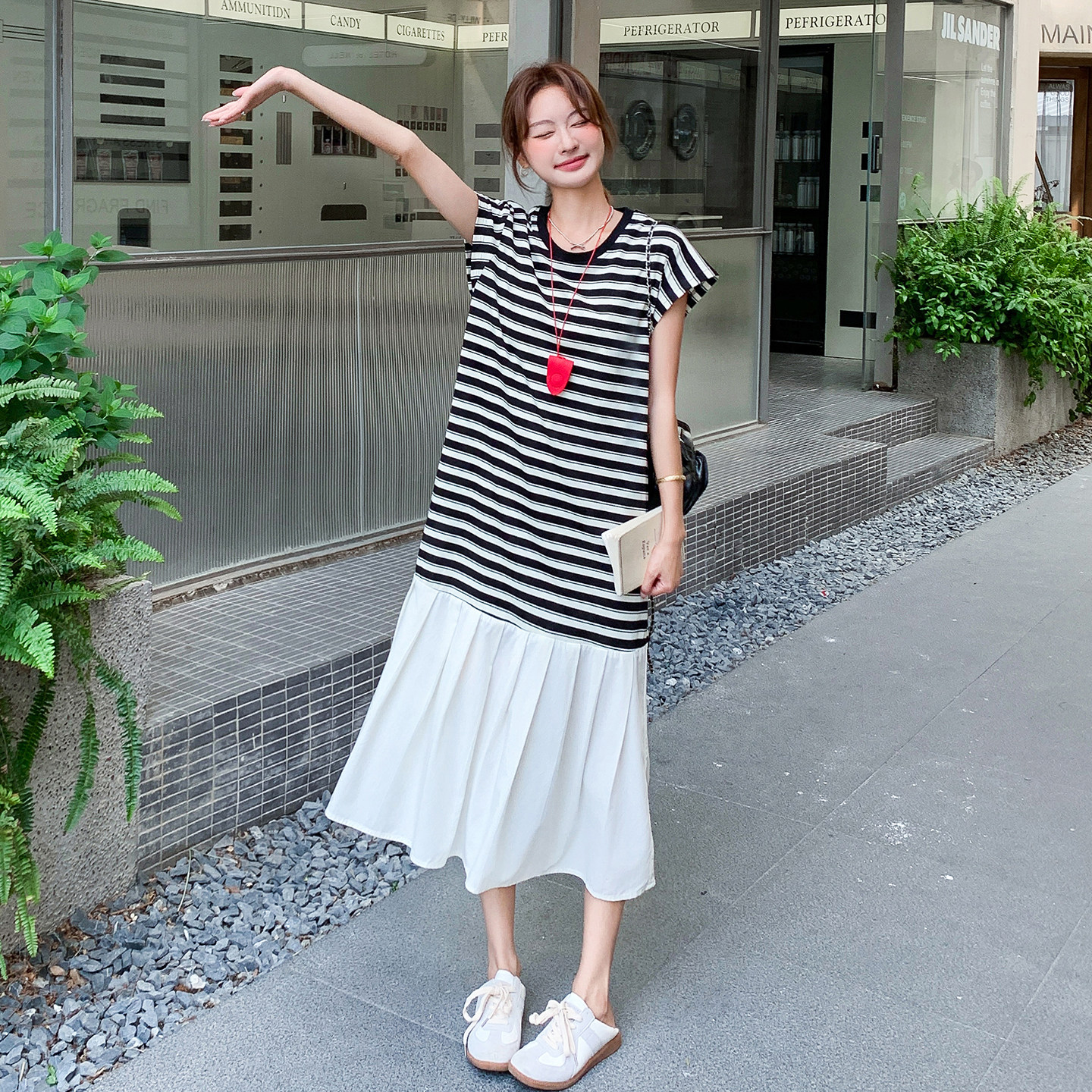 韩版宽松拼接条纹连衣裙女2025夏季新款洋气减龄休闲中长款T恤裙,女装连衣裙,浙宝257
