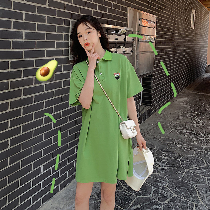现货！长款小个子Polo衫连衣裙牛油果绿翻领短袖t恤宽松 P70K108图片