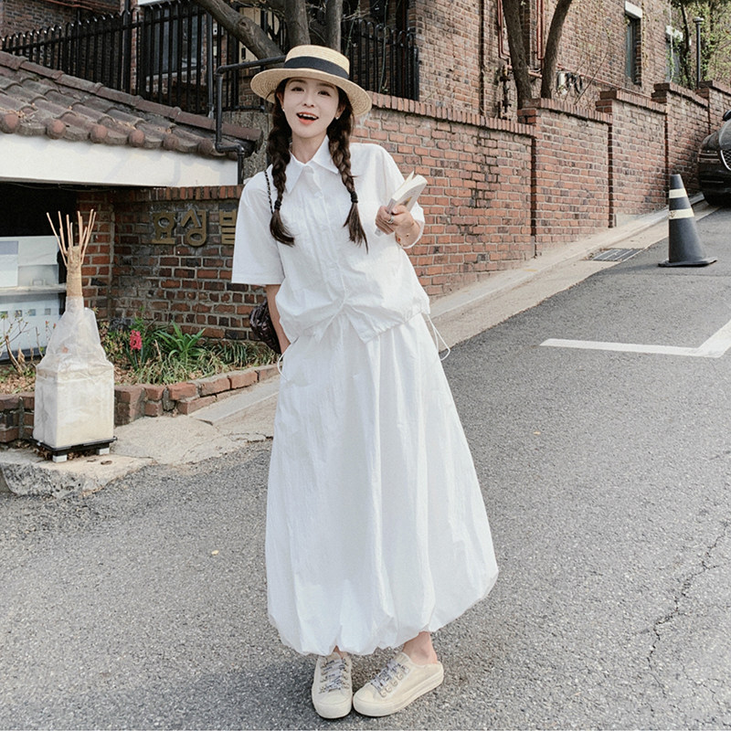 韩版时尚短款衬衫套装女2025夏季新款宽松显瘦工装半身长裙两件套,女装套装/套裙,浙宝257