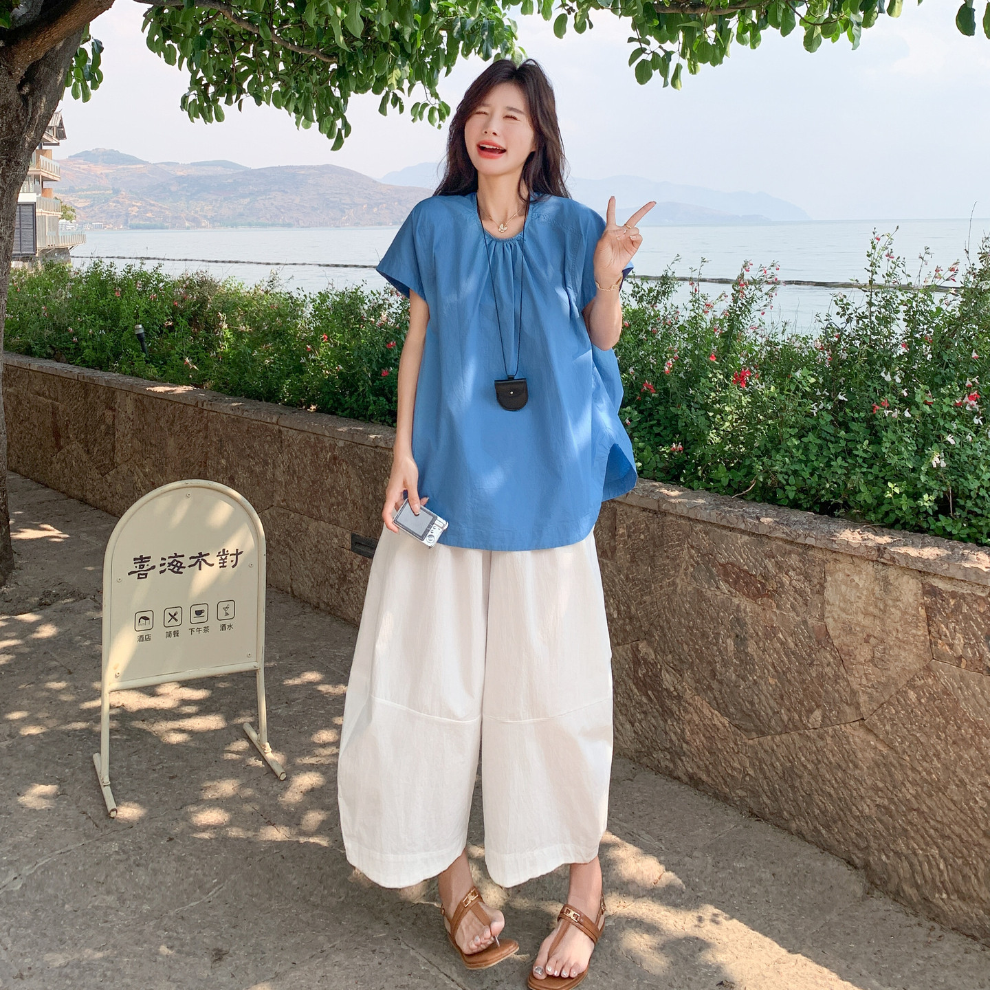 新款！现货！慵懒蓝色宽松休闲裤两件套257-58507-P155K228,女装套装/套裙,浙宝257