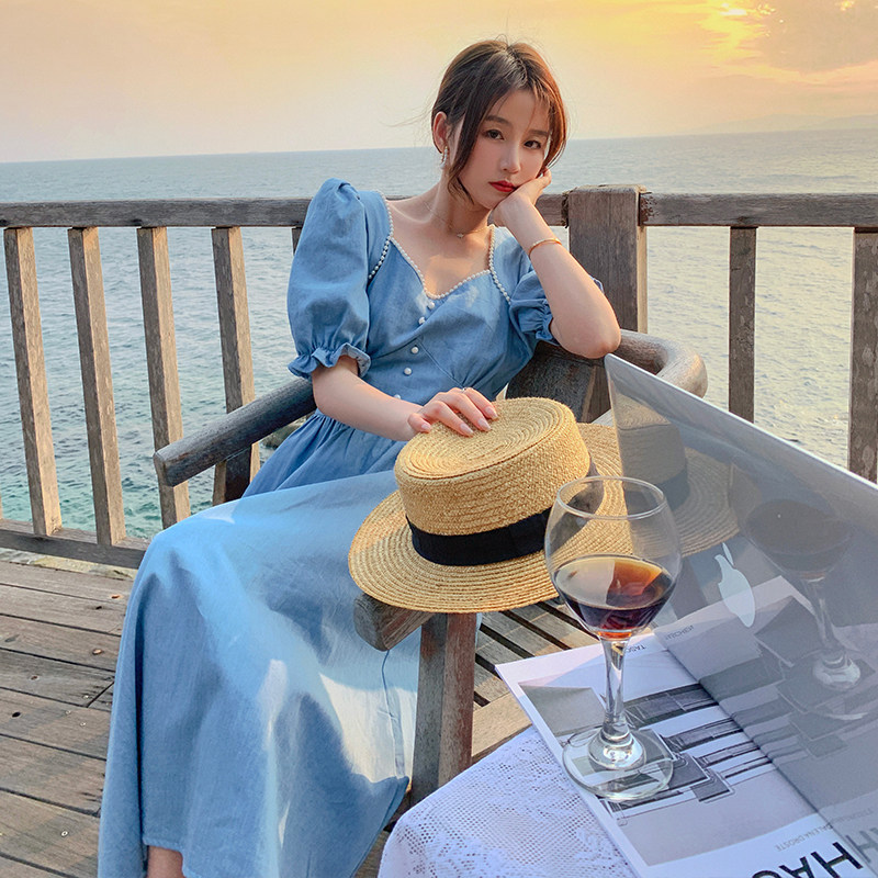 【新品现货】有已出货！珍珠装饰显瘦牛仔连衣裙P105K168，女装连衣裙，浙宝257