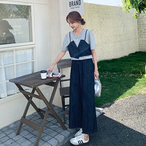 设计感真两件牛仔吊带短袖上衣套装女2025年夏季新款阔腿裤两件套图片