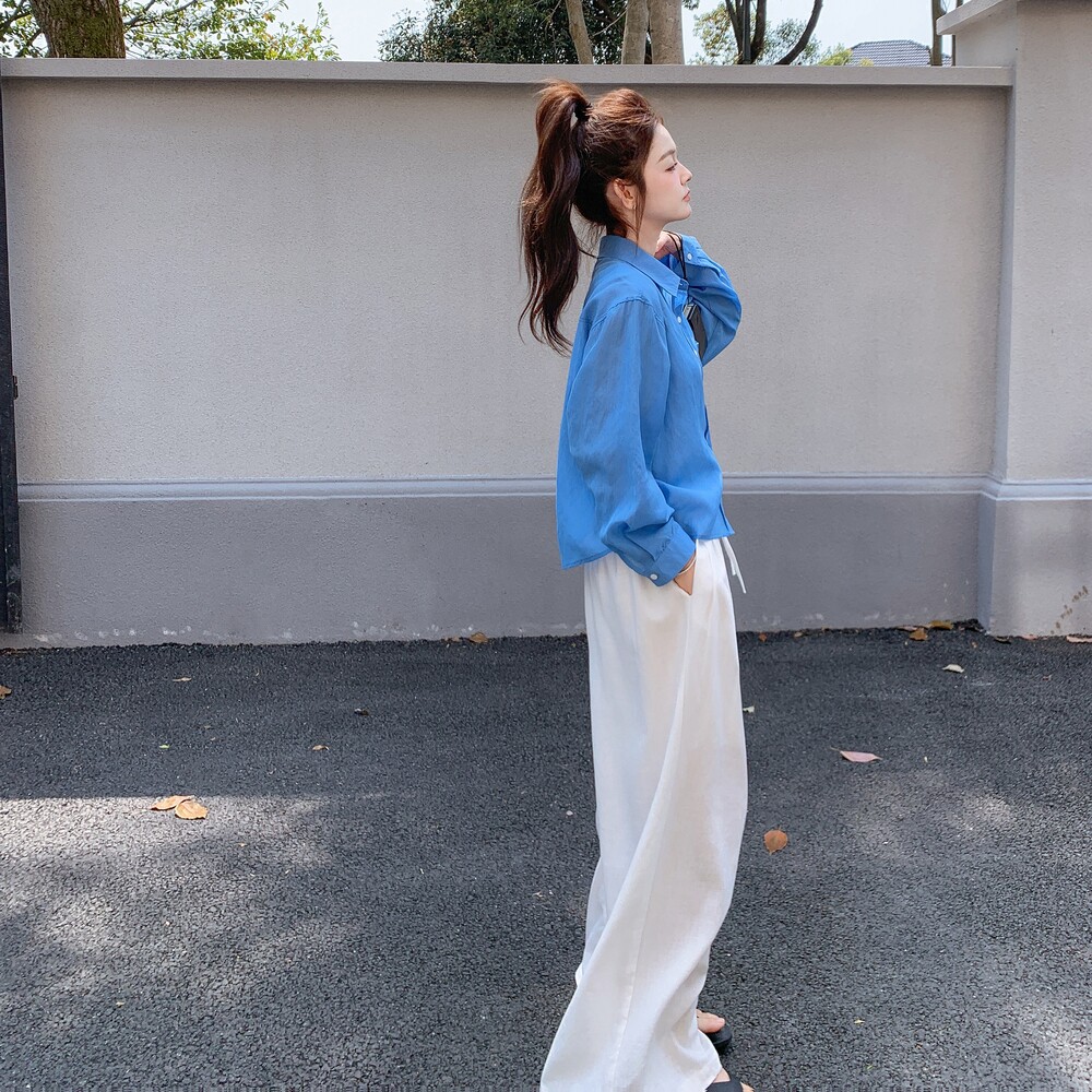 蓝色衬衫吊带阔腿裤套装女夏季2025新款三件套高级感流行超火韩系,女装套装/套裙,浙宝257
