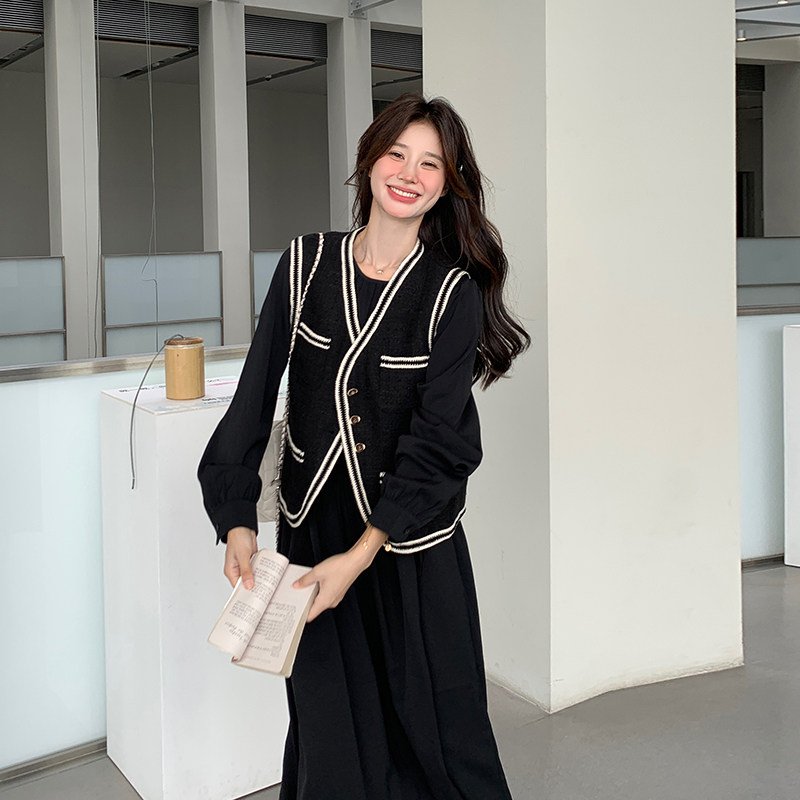 黑色小香风马甲套装女春秋2025新款优雅气质高端显瘦连衣裙两件套,女装套装/套裙,浙宝257