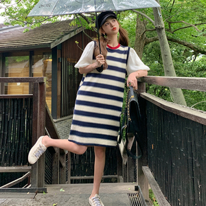 泡泡袖条纹拼接连衣裙女2025夏季新款韩版宽松洋气减龄小个子裙子图片