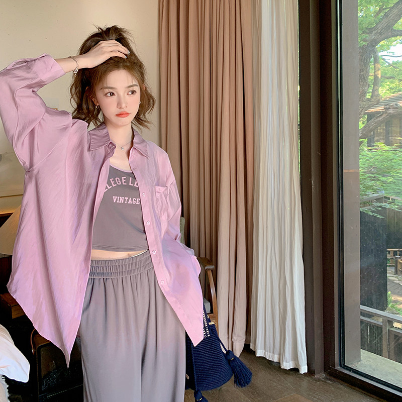韩系休闲防晒衬衫背心阔腿裤女2025夏季新款小个子减龄,女装防晒衣,浙宝257