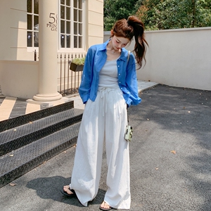 蓝色衬衫吊带阔腿裤套装女夏季2025新款三件套高级感流行超火韩系图片