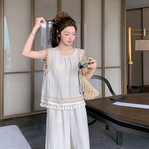 复古民族风流苏背心休闲裤套装女2025初夏穿搭一整套文艺范两件套图片