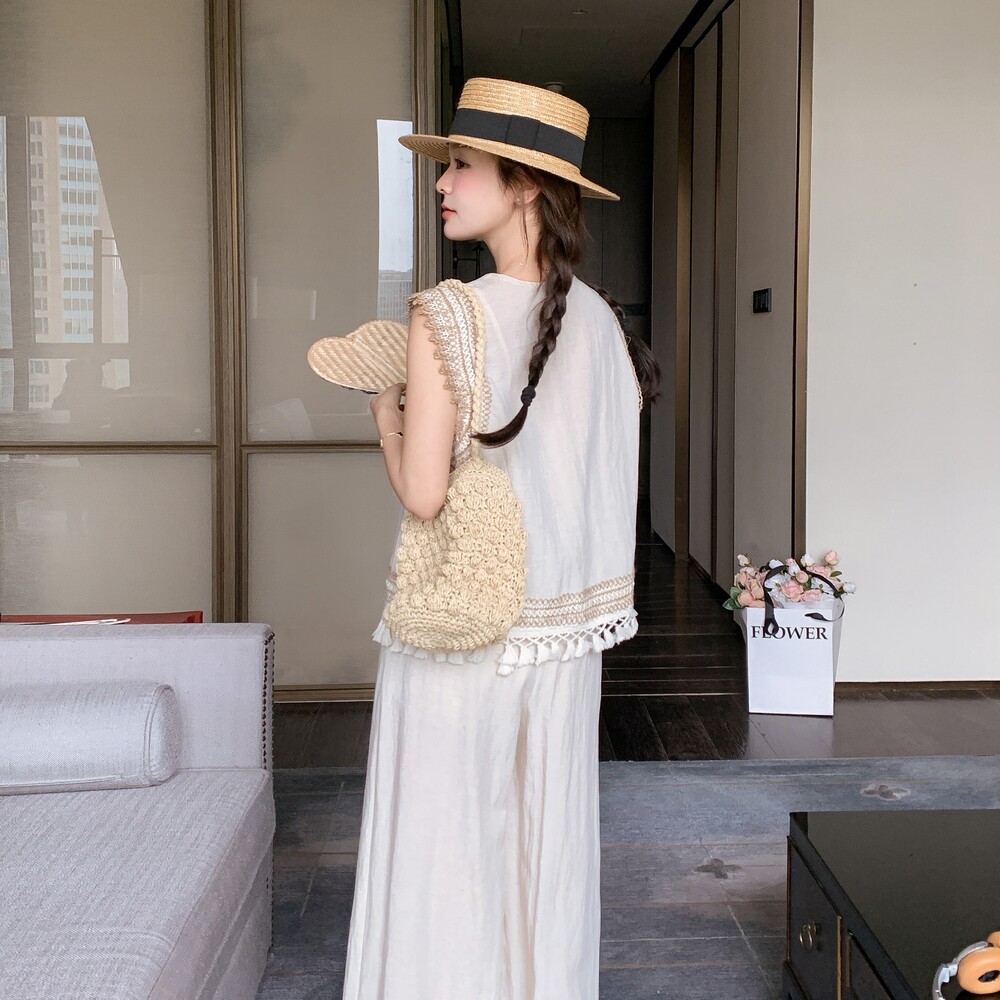 波西米亚度假风套装女2025夏季新款流苏拼接无袖背心阔腿裤两件套,女装套装/套裙,浙宝257