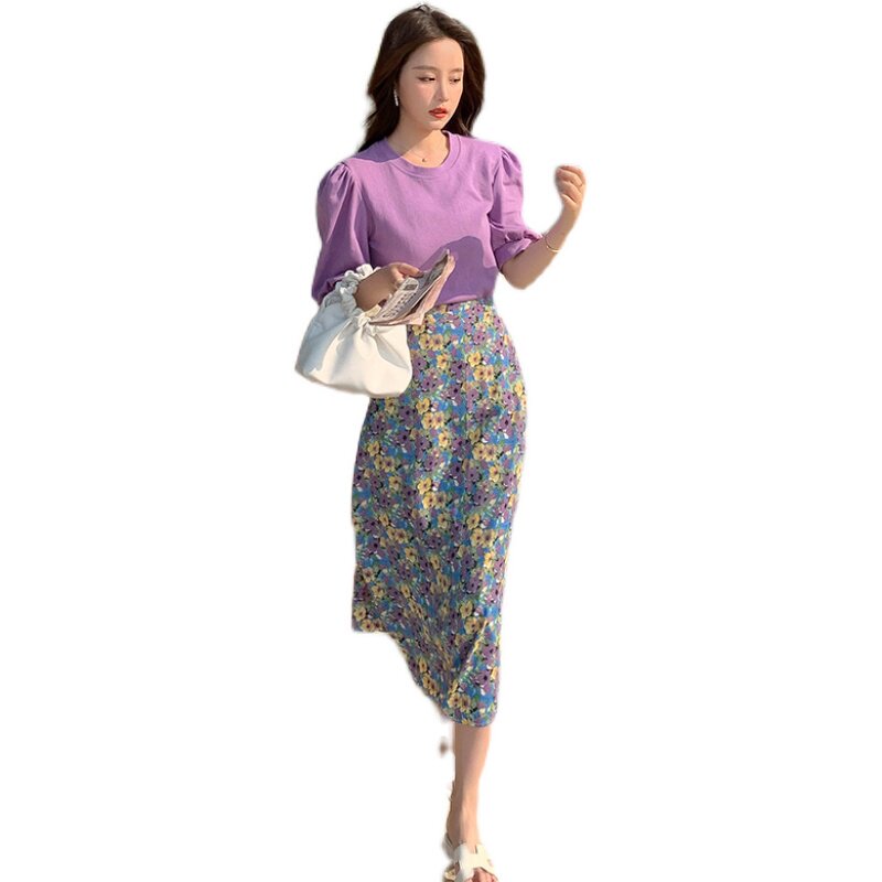 【2022夏新品】有宽松显瘦T恤+碎花半裙两件套装P105K158,女装套装/套裙,浙宝257