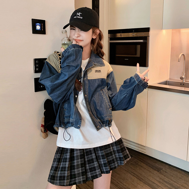 撞色拼接休闲牛仔外套女春季2025年新款显瘦韩系翻领水洗宽松上衣,女装短外套,浙宝257