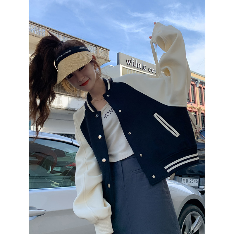 美式复古棒球服外套女春秋款2024新款学院风撞色时尚炸街百搭夹克,女装短外套,浙宝257