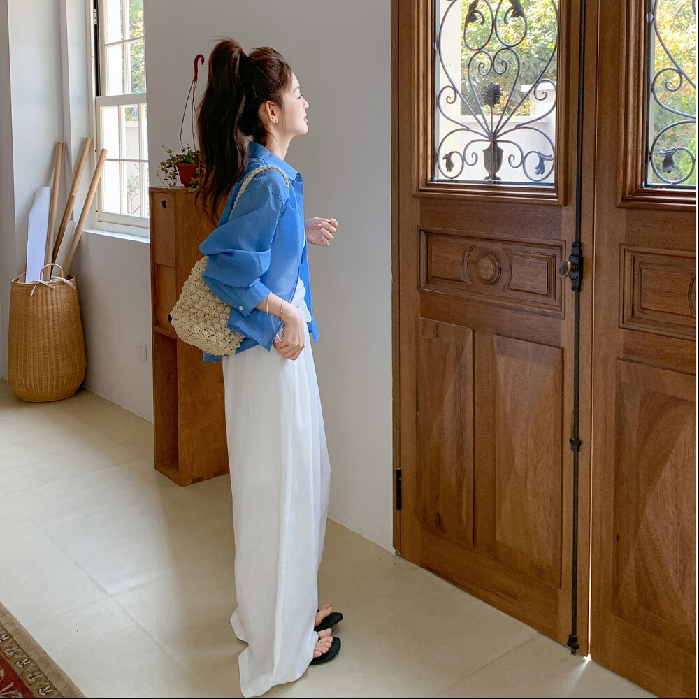 蓝色衬衫吊带阔腿裤套装女夏季2025新款三件套高级感流行超火韩系,女装套装/套裙,浙宝257