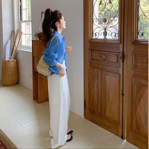蓝色衬衫吊带阔腿裤套装女夏季2025新款三件套高级感流行超火韩系图片