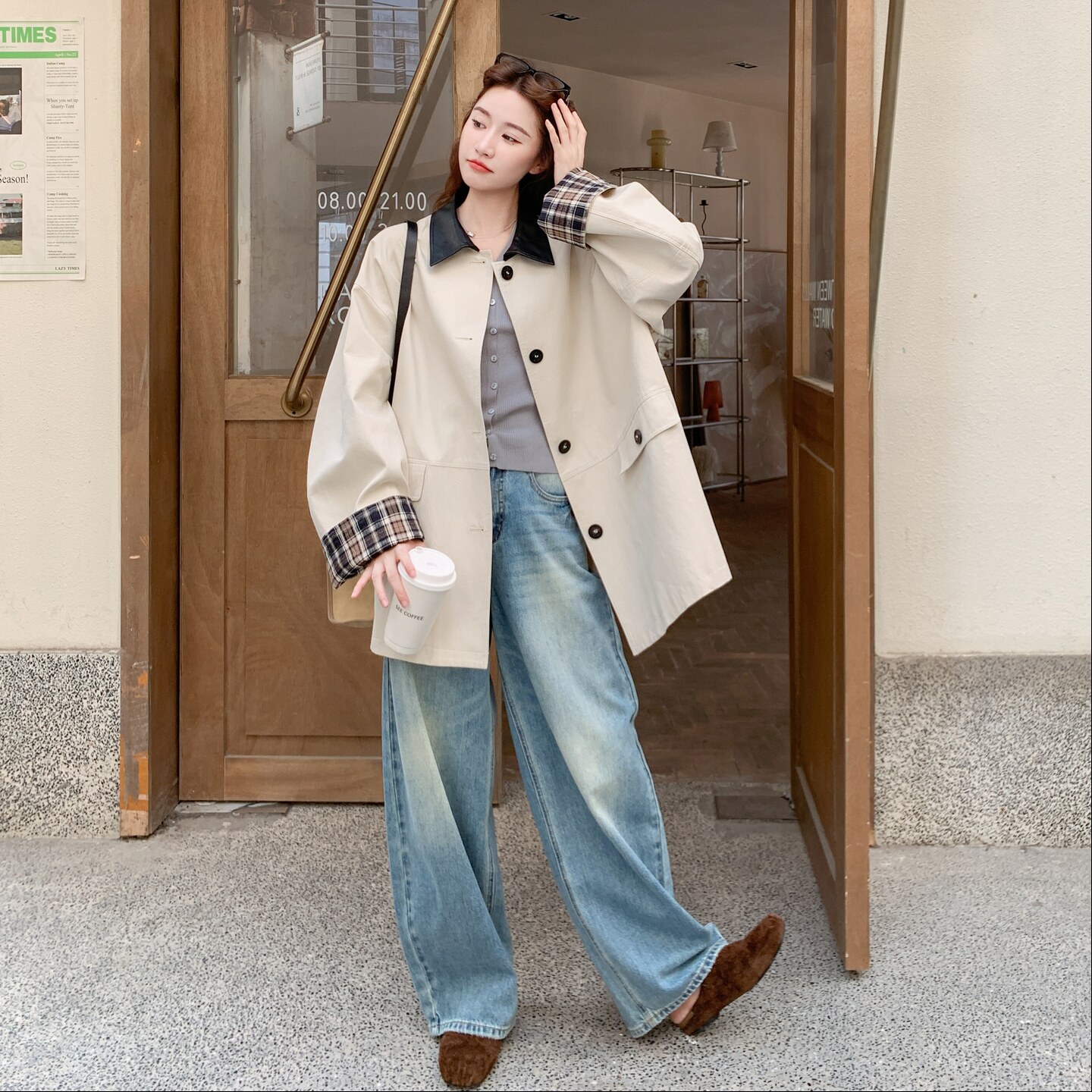 25秋新款！韩系拼接格纹风衣外套257-58517-P155K228,女装短外套,浙宝257
