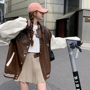 美式拼接设计感咖色PU皮衣外套女2023秋新款韩版小个子炸街棒球服图片
