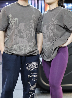 休闲宽松短袖男健身运动T恤情侣款YLA大码oversize水洗棉训练上衣