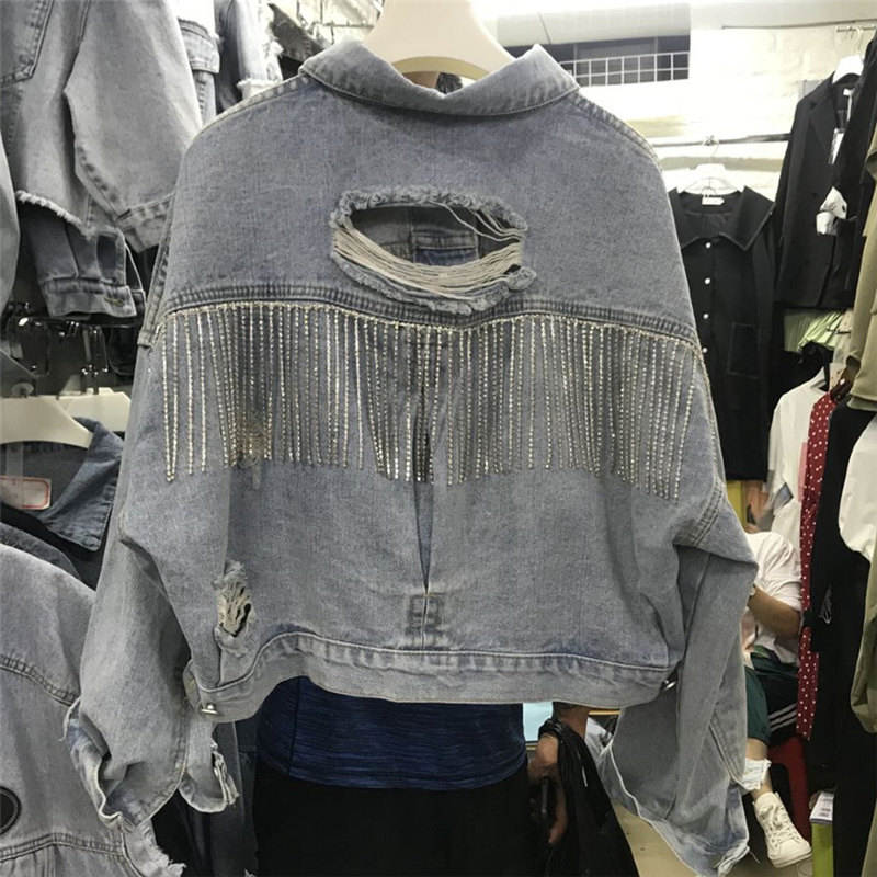 。bling流苏水钻破洞牛仔外套女春秋新款宽松短款复古时尚外穿上