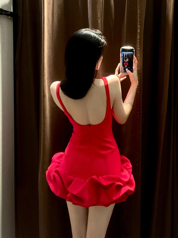 레드 슬림 웨이스트 민소매 푹신한 백리스 프렌치 버드 드레스 쁘띠 짧은 스커트 생일 드레스