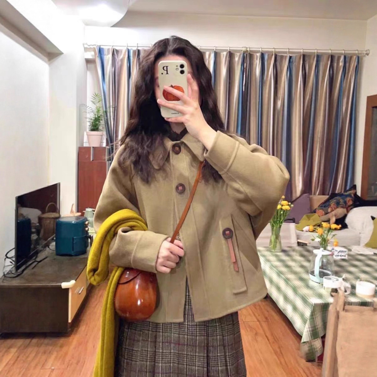 秋冬复古格子半身裙+小个子气质温柔宽松减龄polo翻领毛呢外套