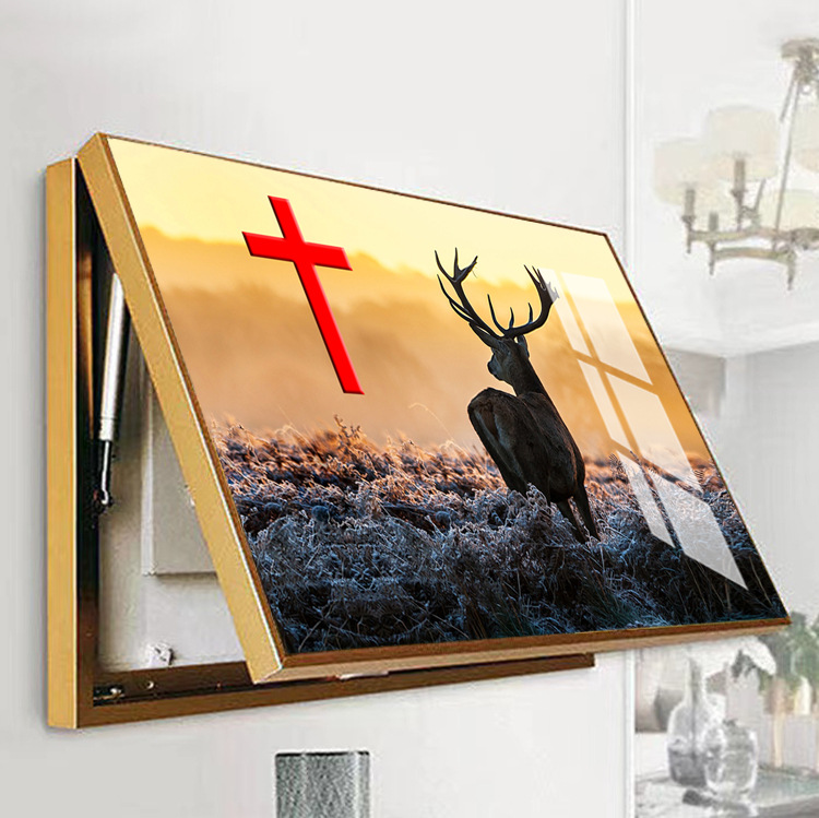 十字架电表箱画电箱画晶瓷画北欧简约麋鹿电箱装饰画现代金属框画图片