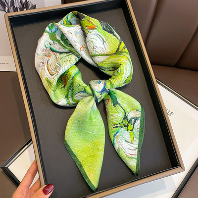 绿色油画100%蚕丝丝巾小方巾