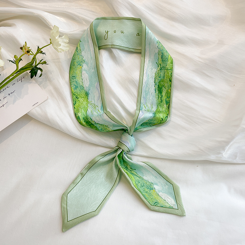 新款双层窄细油画发带丝巾