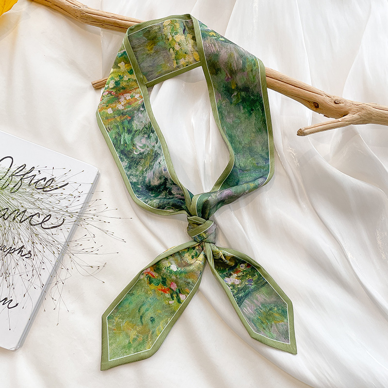 新款绿色油画尖角窄细发带丝巾