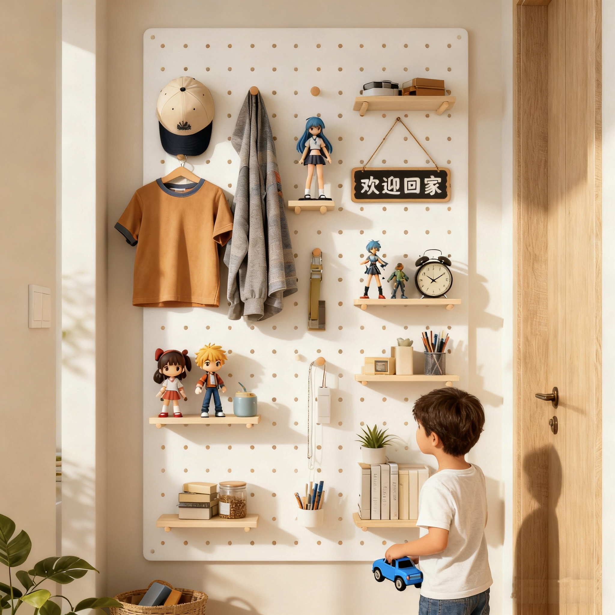 实木洞洞板置物架入户玄关客厅卧室摆件衣帽间造型墙面上收纳挂板