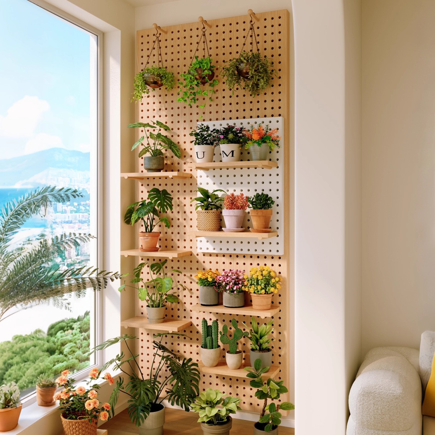 实木洞洞板绿植阳台墙面上定制花草置物架奶油风收纳挂板造型装饰