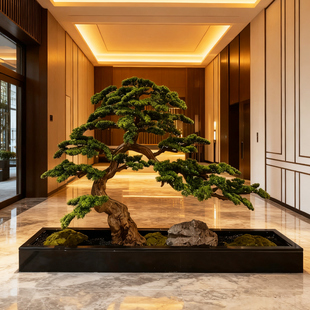 高档仿真迎客松造景酒店前台新中式室内景观松树摆件玄关石头造景