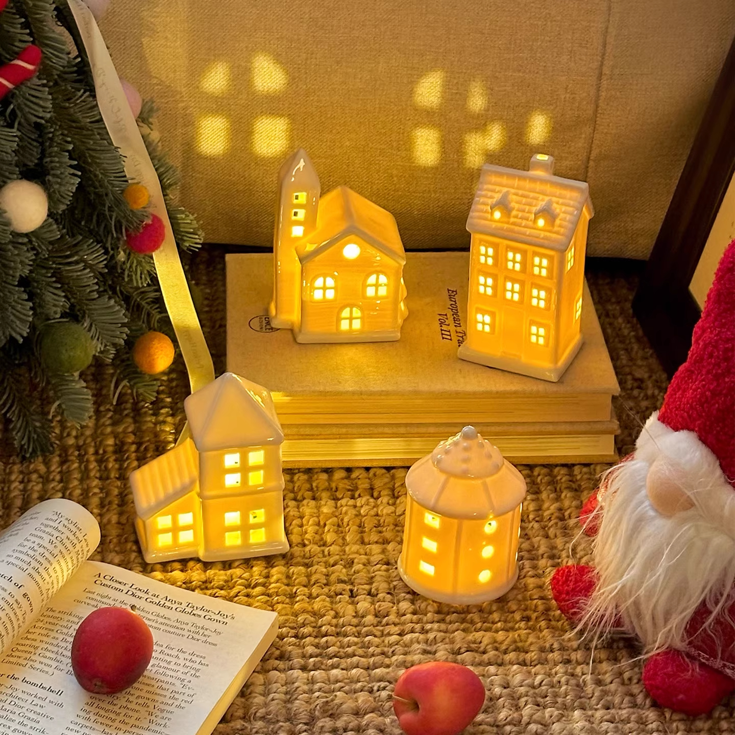 北欧圣诞陶瓷带灯窗户小房