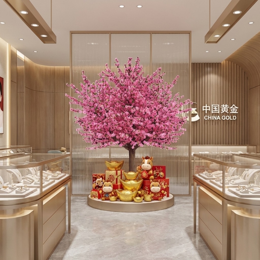 黄金店新年橱窗装饰品氛围布置仿真桃花树大型假桃树室内许愿树