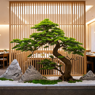 餐厅玄关隔断仿真迎客松美人松树造景室内大型新中式假树落地摆件
