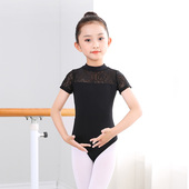 练功服女童蕾丝网纱跳舞服装 舞蹈服儿童女立领黑色连体服夏季 短袖