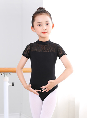 舞蹈服儿童女立领黑色连体服夏季短袖练功服女童蕾丝网纱跳舞服装