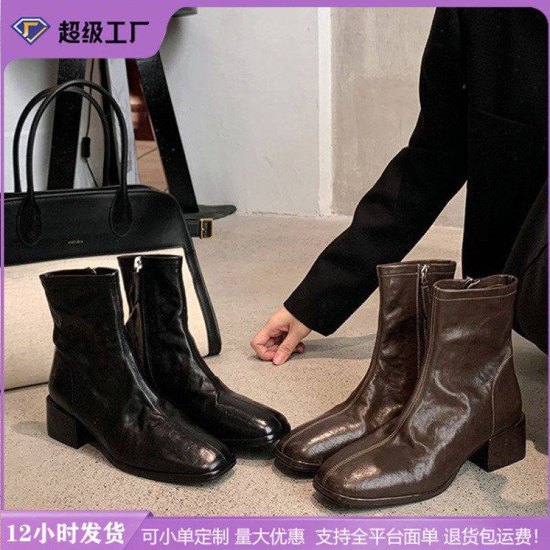 葡萄妈韩系复古方头马丁靴女水洗马皮瘦瘦靴短靴粗跟厚底纯色靴子