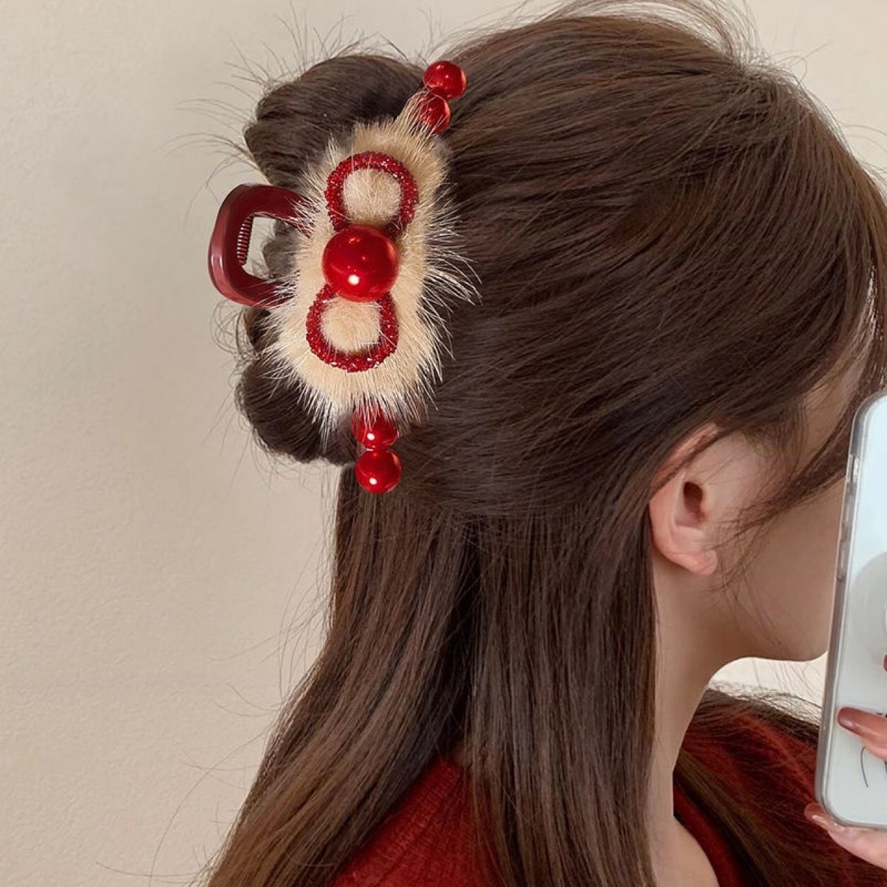 新年红色毛绒抓夹盘发鲨鱼夹优雅流行气质珠珠闪钻2026年流行抓夹,饰品/流行首饰/时尚饰品新,发饰,淘宝优惠券,粉丝福利购,淘宝优惠卷