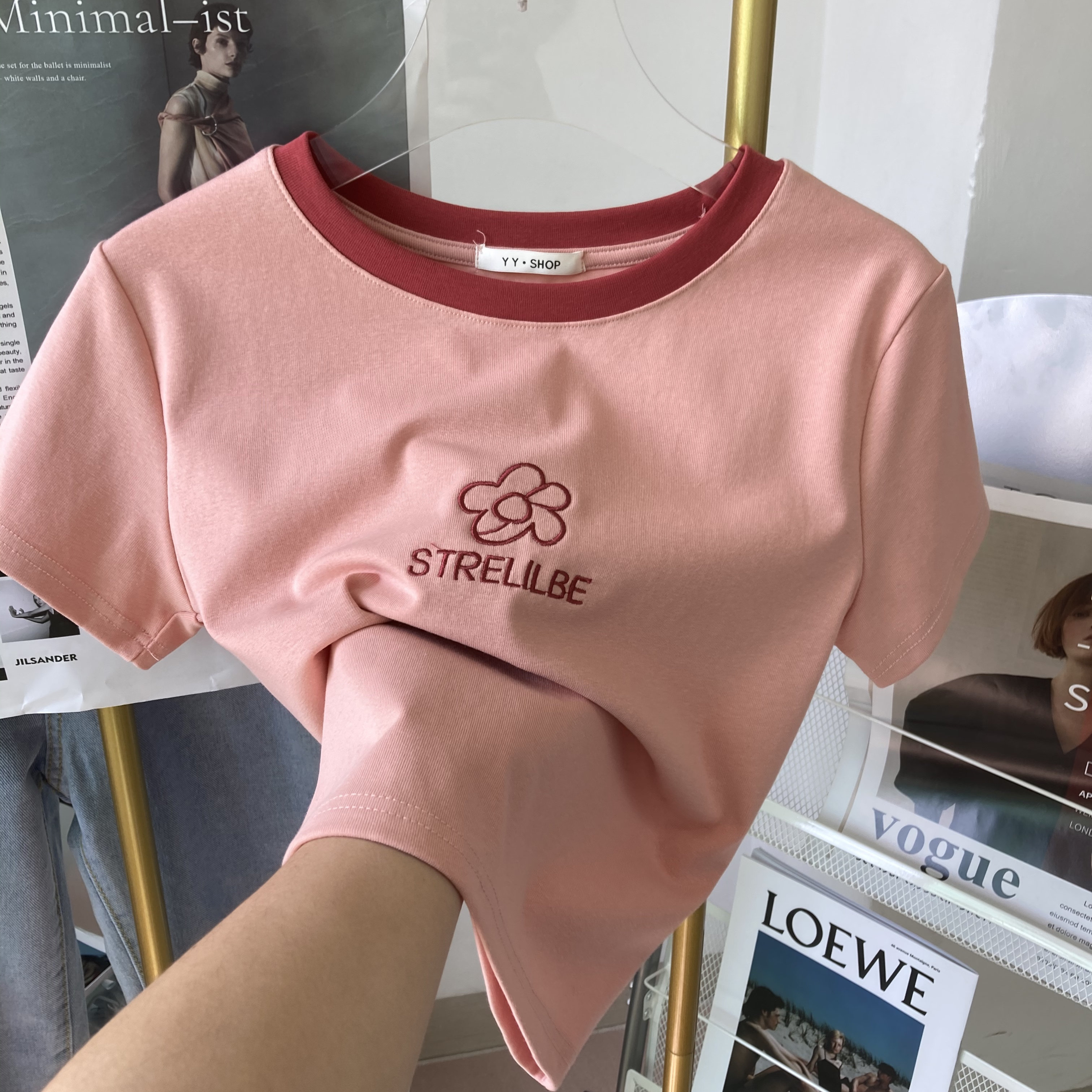 粉色短袖t恤女纯棉正肩短装2022年夏季新款体恤刺绣修身短款上衣